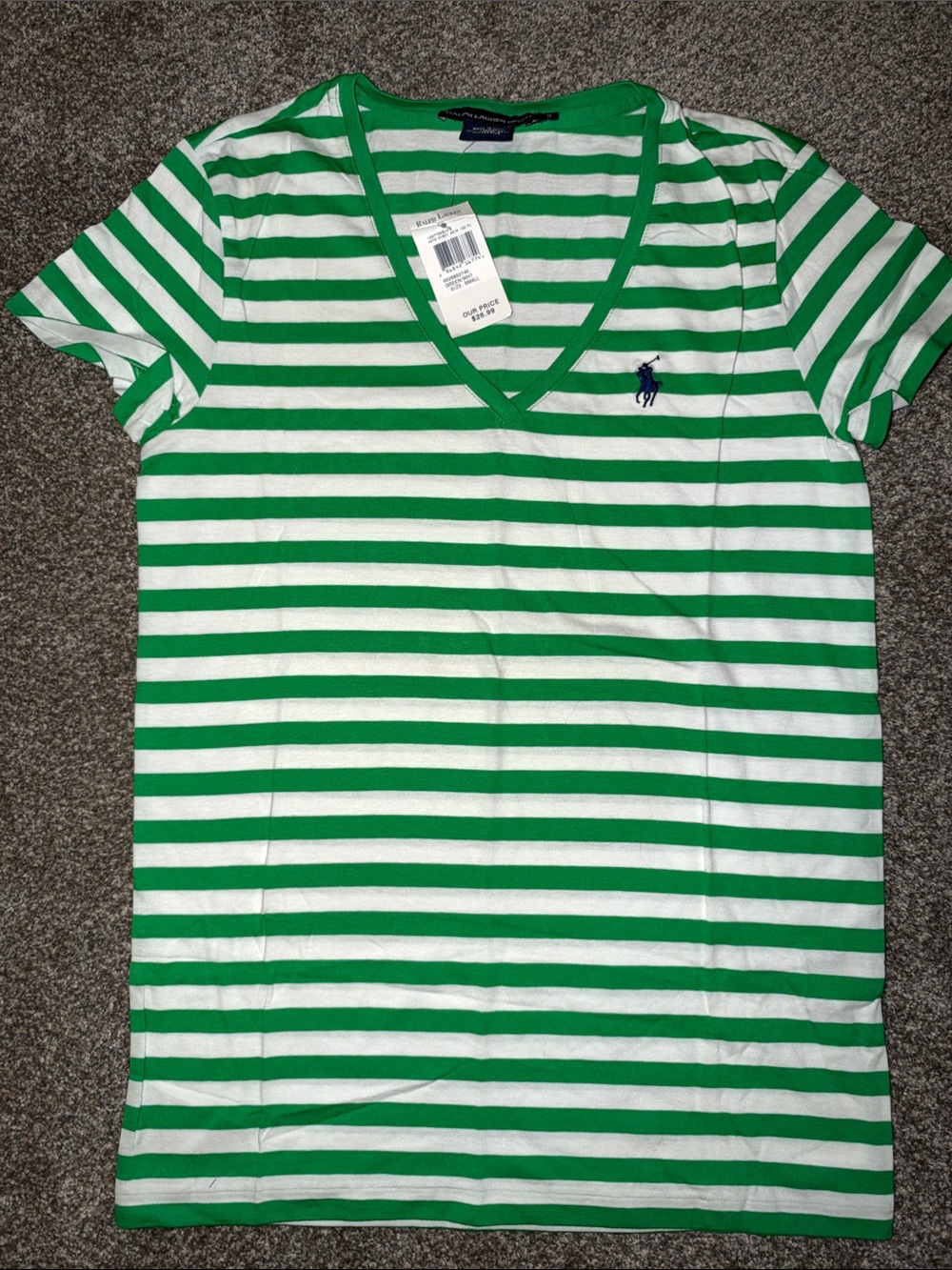 Ralph Lauren Green & White Striped V‑Neck Tee